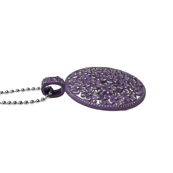 Purple Patina Floral Pendant Medallion Ball Chain Shiny Silver Tone Handmade - Picture 2 of 10